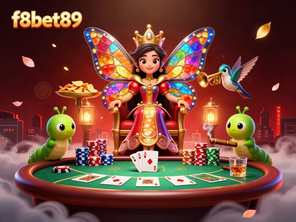 f8bet89 vibrant casino scene featuring a butterfly queen and poker elements