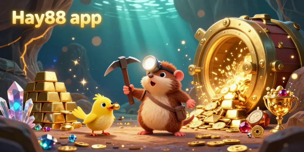 Experience the Hay88 app with a treasure hunter mole in a dynamic 3D casino scene, discovering wealth.