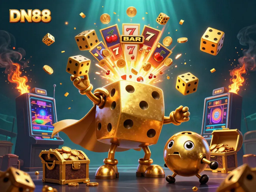 Engage in thrilling gameplay at DN88 with a vibrant, animated casino scene featuring golden dice and a jackpot explosion.