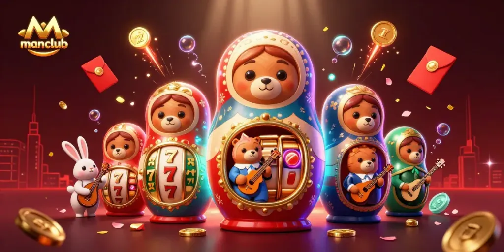 Experience thrilling gameplay with manclub in this vibrant 3D casino scene featuring playful characters and exciting casino elements.