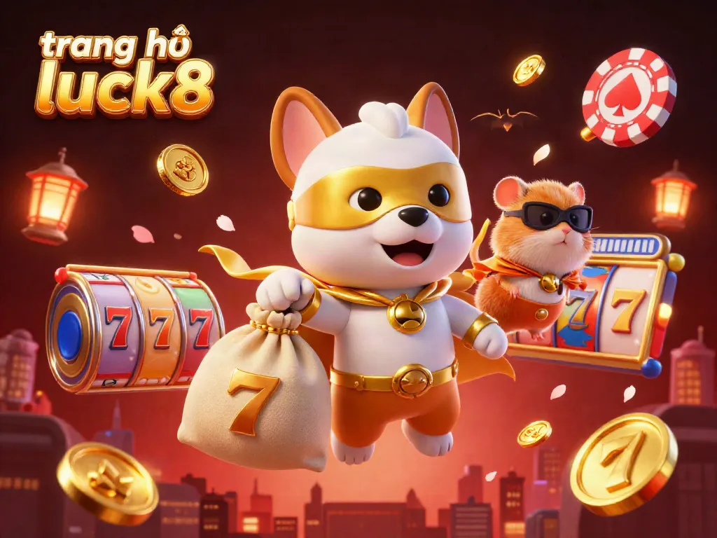 Experience an exciting gaming atmosphere with trang chủ luck8's vibrant illustration of a superhero dog flying and winning big with coins.