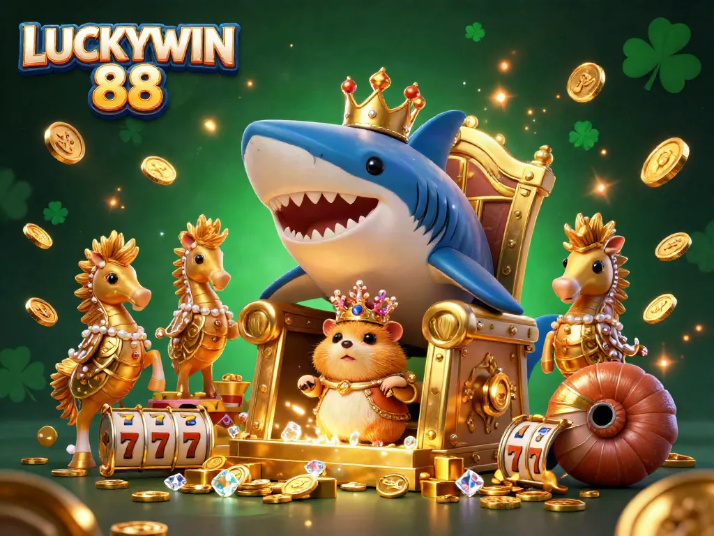 Experience LUCKYWIN 88 as a fierce hamster king on a megalodon throne amidst sparkling casino treasures.