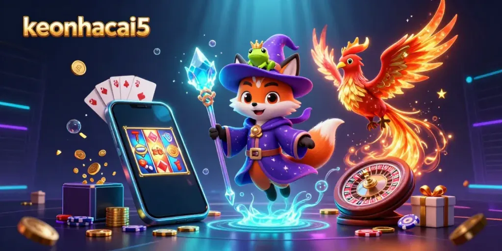 Engage with keonhacai5's thrilling casino scene featuring a wizard fox, phoenix, and gaming elements.