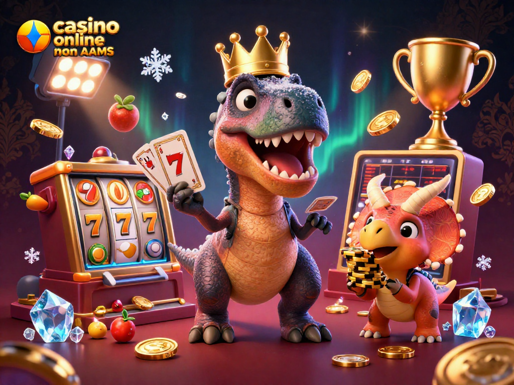 Scopri il mondo di casinò online non AAMS con un T-Rex che gioca a carte mentre un pterodattilo lo assiste.