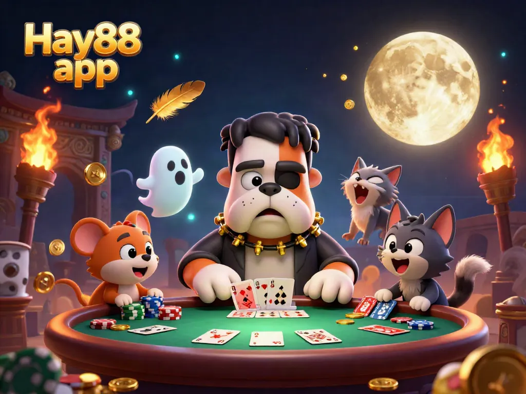 Experience dynamic card dealing with the Hay88 app at a spooky casino table featuring ghostly elements.