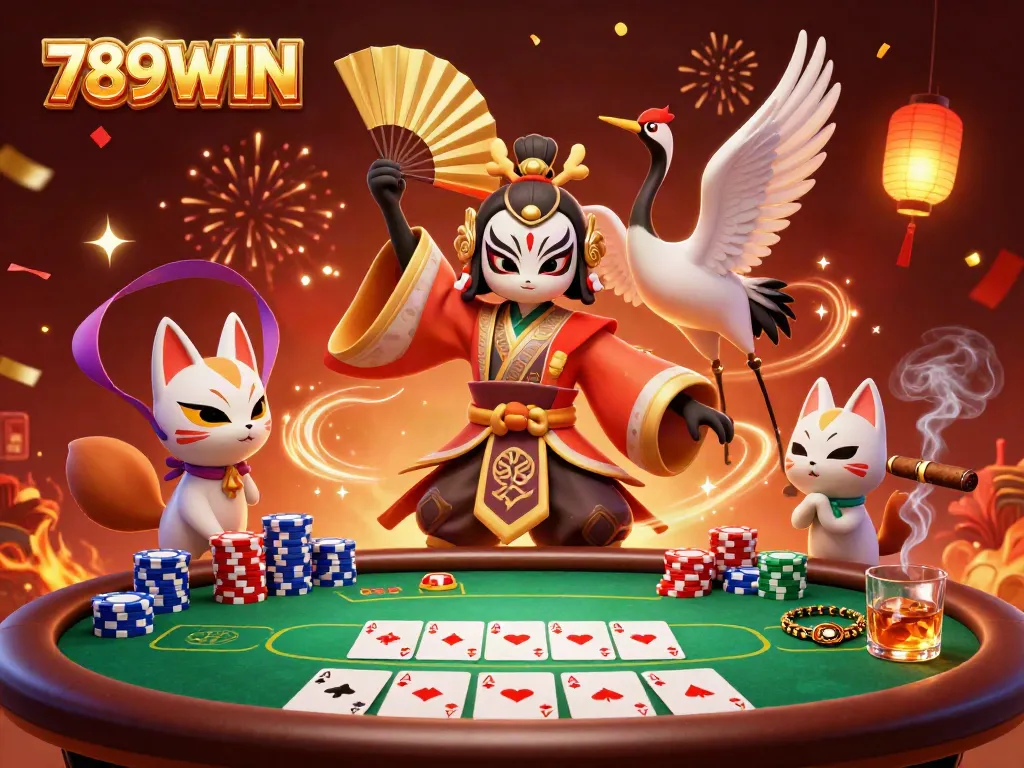 Engage with the extravagant 789WIN scene showcasing kabuki warriors, poker elements and festive energy in a vibrant atmosphere.