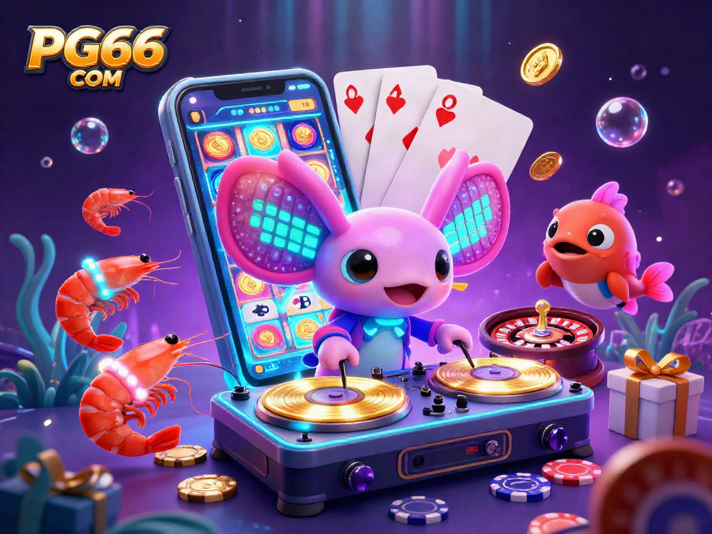 Experience excitement with PG66 COM in a vibrant casino scene featuring a DJ, dancing shrimp, and slot games.