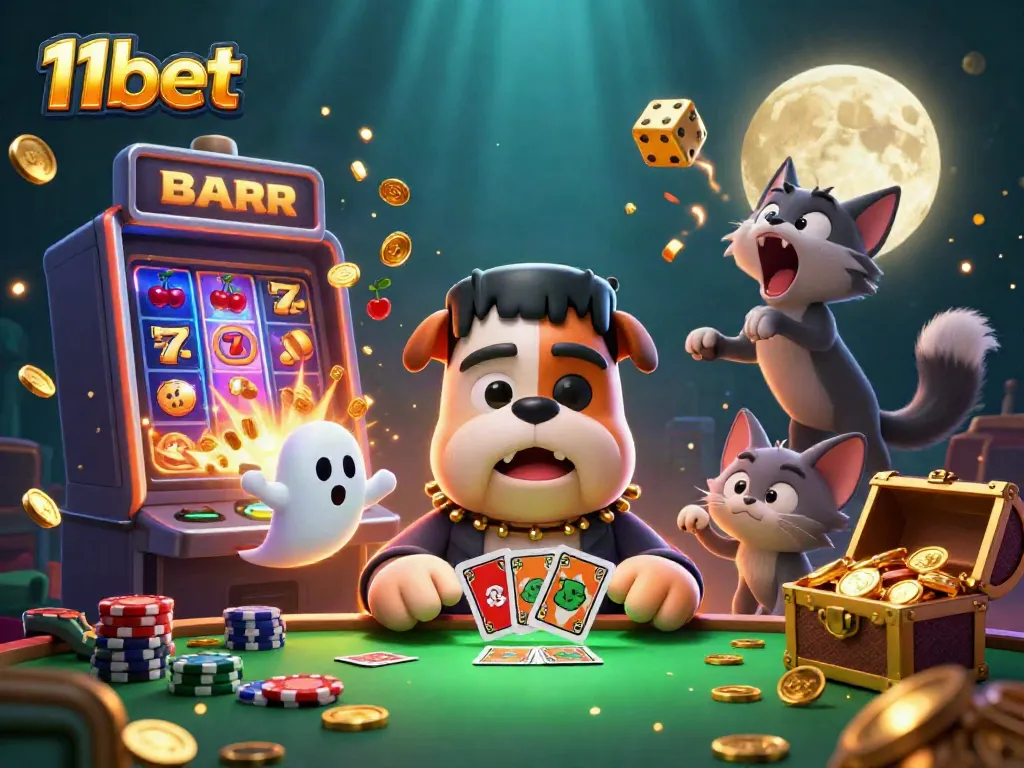 Engage with thrilling 11bet games as the Frankenstein bulldog deals cards at a spooky casino table.
