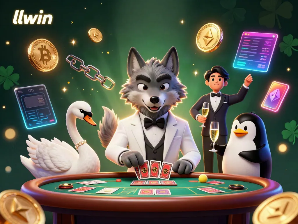 Experience high-stakes baccarat with llwin characters in a lavish casino atmosphere.