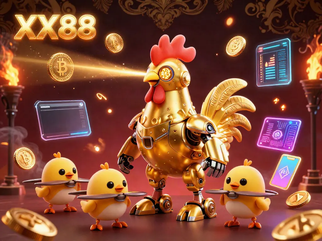 Engage with the vibrant casino experience of XX88, showcasing a dynamic scene with a golden rooster robot and crypto elements.