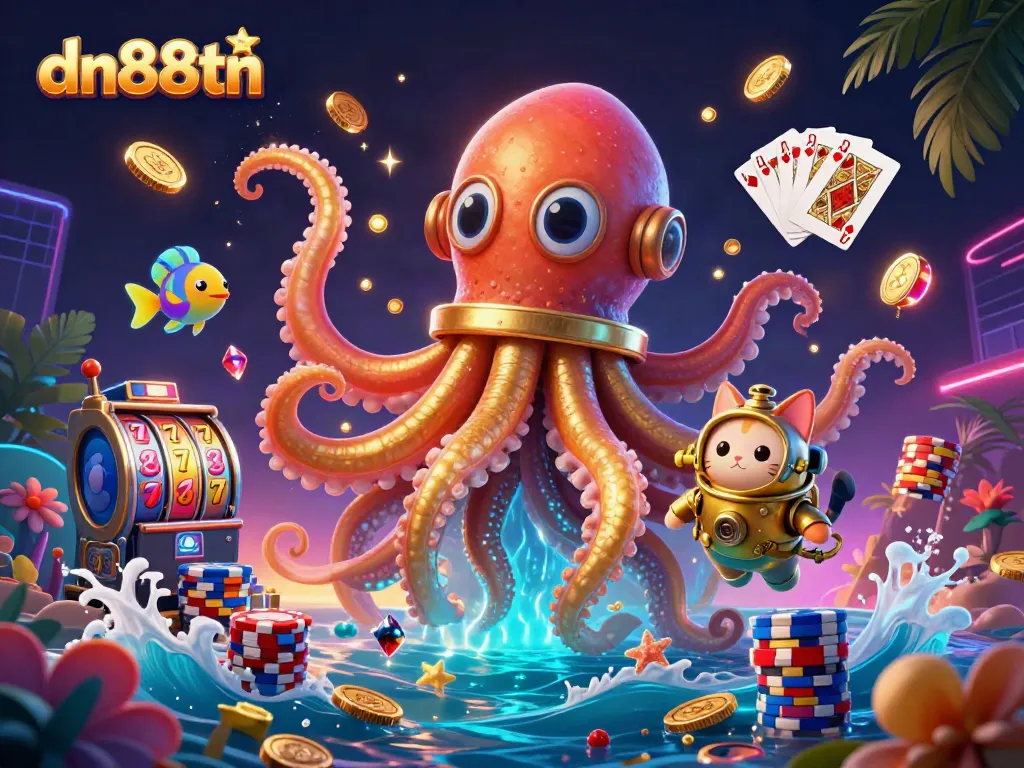Engage with dn88tn in thrilling casino adventures amidst a vibrant, dynamic treasure scene.