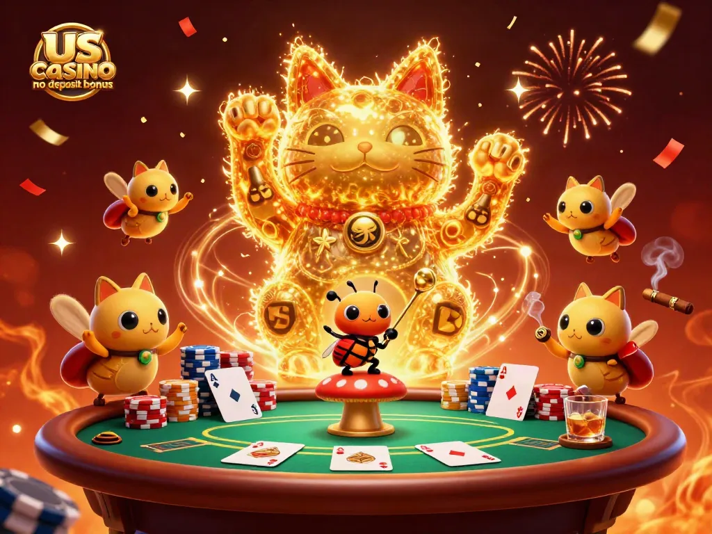 Experience the us casino no deposit bonus with a dynamic 3D illustration full of casino gaming excitement.