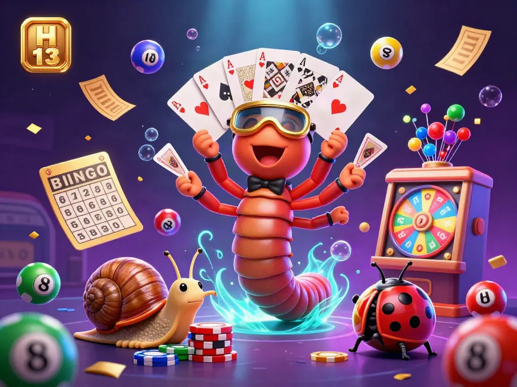 Experience the excitement of H 13 with a 3D casino scene featuring a millipede dealer and vibrant game elements.