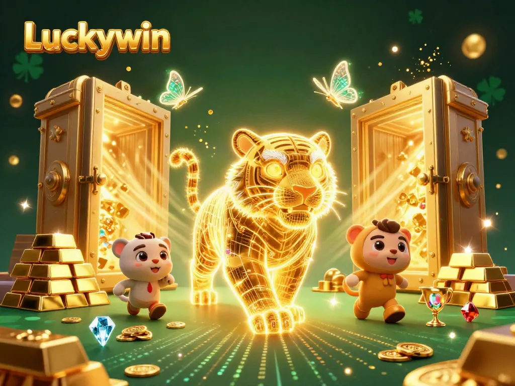 Experience exhilarating gaming at Luckywin with a golden tiger and treasures illuminating a vibrant casino scene.