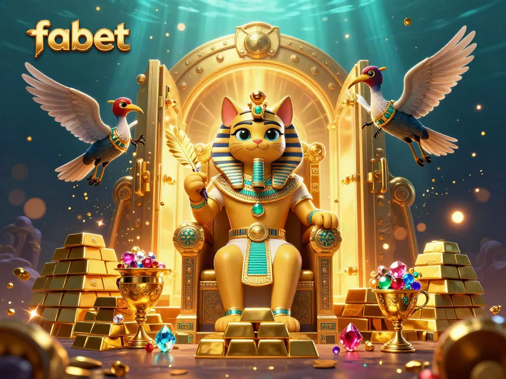Experience thrilling 3D action at fabet with a pharaoh cat and treasures in this vibrant casino scene.