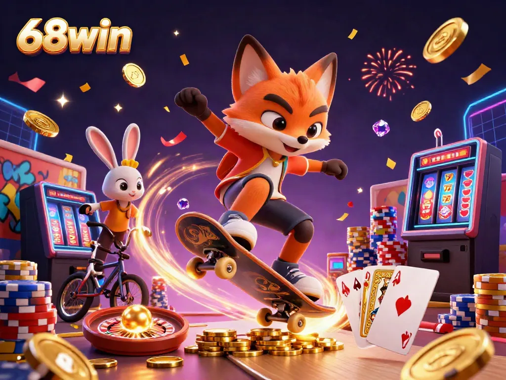 Experience thrilling gaming moments with 68win, featuring vibrant 3D characters and dazzling casino elements.