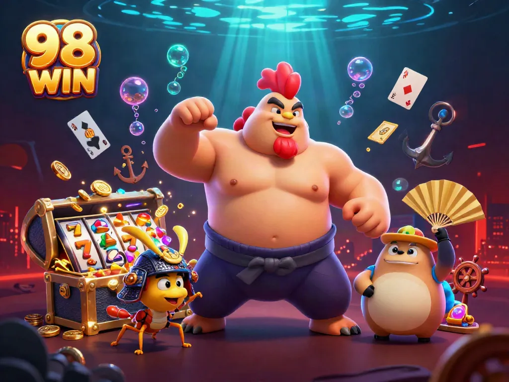 Engage with 98 WIN in a vibrant 3D casino scene featuring a sumo wrestler rooster and a fierce cricket.