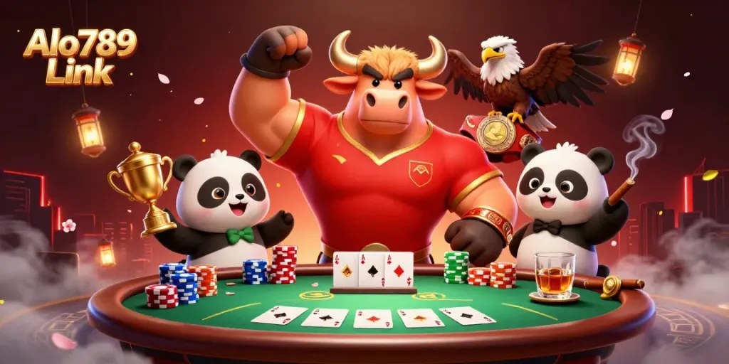 Experience the excitement of Alo789 Link with a thrilling 3D casino scene showcasing animated characters in action.