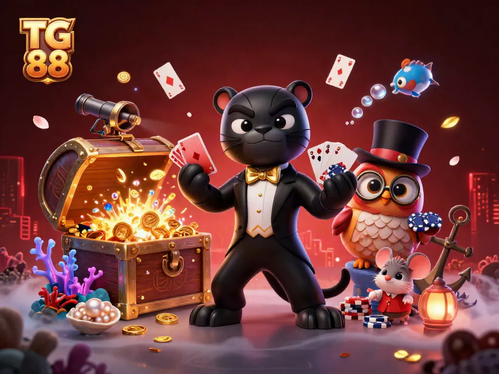Experience the excitement of TG 88 with a cartoon panther dealer and friends amidst a vibrant casino scene.