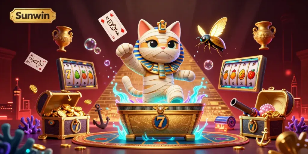 Engage with Sunwin's thrilling gaming world featuring a 3D mummy bursting from a sarcophagus.