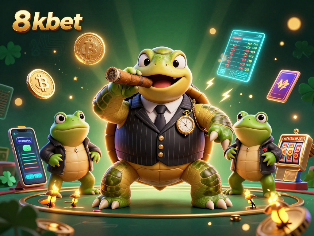 Engage with 8xbet's thrilling gambling landscape featuring a snapping turtle mobster and bullfrogs.