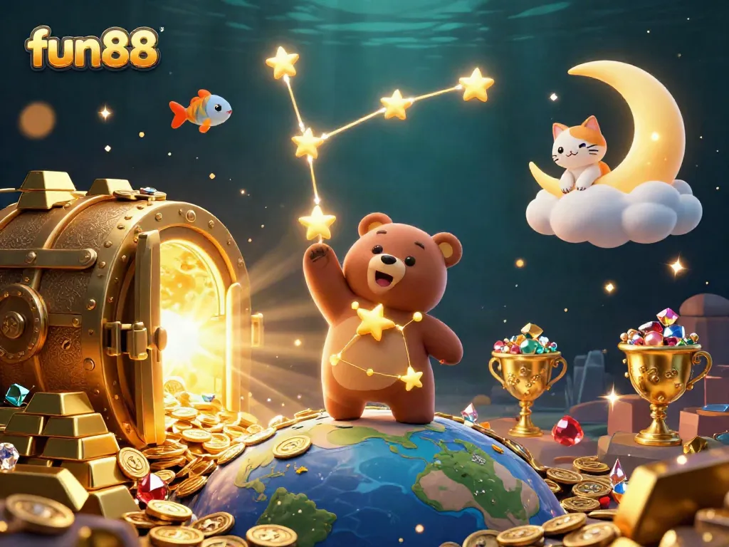 Experience the fun88 magic with a constellation bear and treasure in a dazzling 3D casino scene.