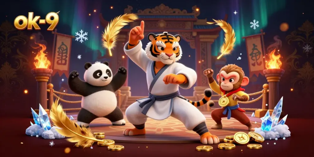 Engage in exciting gaming at ok-9 with a dynamic scene featuring a kung fu tiger, panda disciple, and monkey stealing a medal.