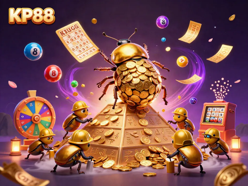 KP88 engages players with a colorful scene of a golden beetle rolling coins amidst vibrant casino elements.