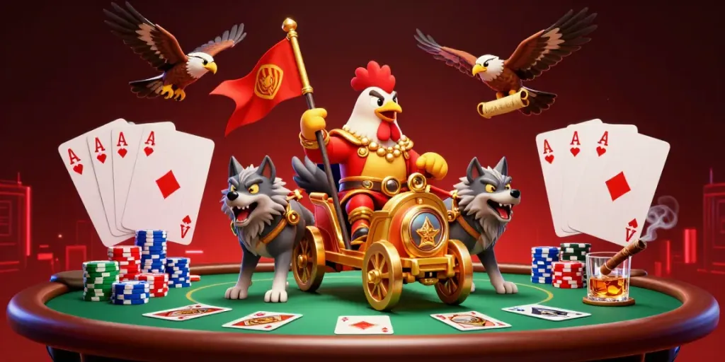 Engage in thrilling kl99 action with a rooster warlord in a vibrant casino scene.