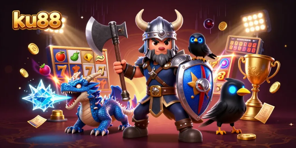 ku88 slots illustration featuring a Viking warrior, dragon, and raven amidst gaming symbols.