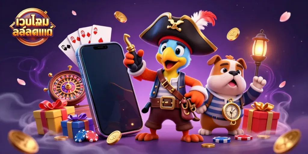 Engaging scene of เว็บเกมสล็อตแท้ with colorful slot games, a pirate captain, and casino elements for players.