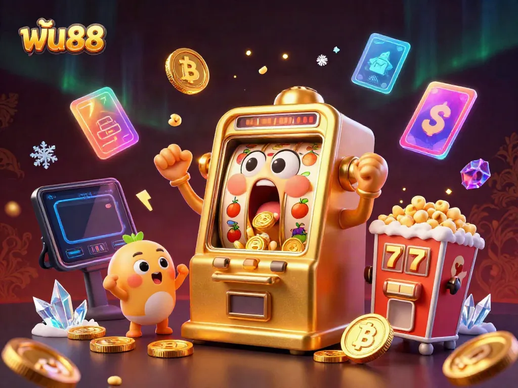 ฟัน88 animated slot machine celebrates a jackpot with gold coins amidst vibrant casino elements.