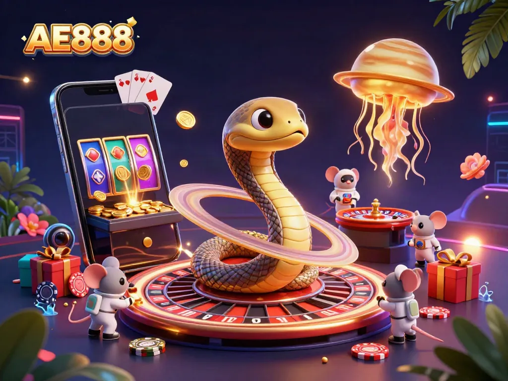 Experience the excitement of AE888 with cosmic characters in a vibrant gambling scene.